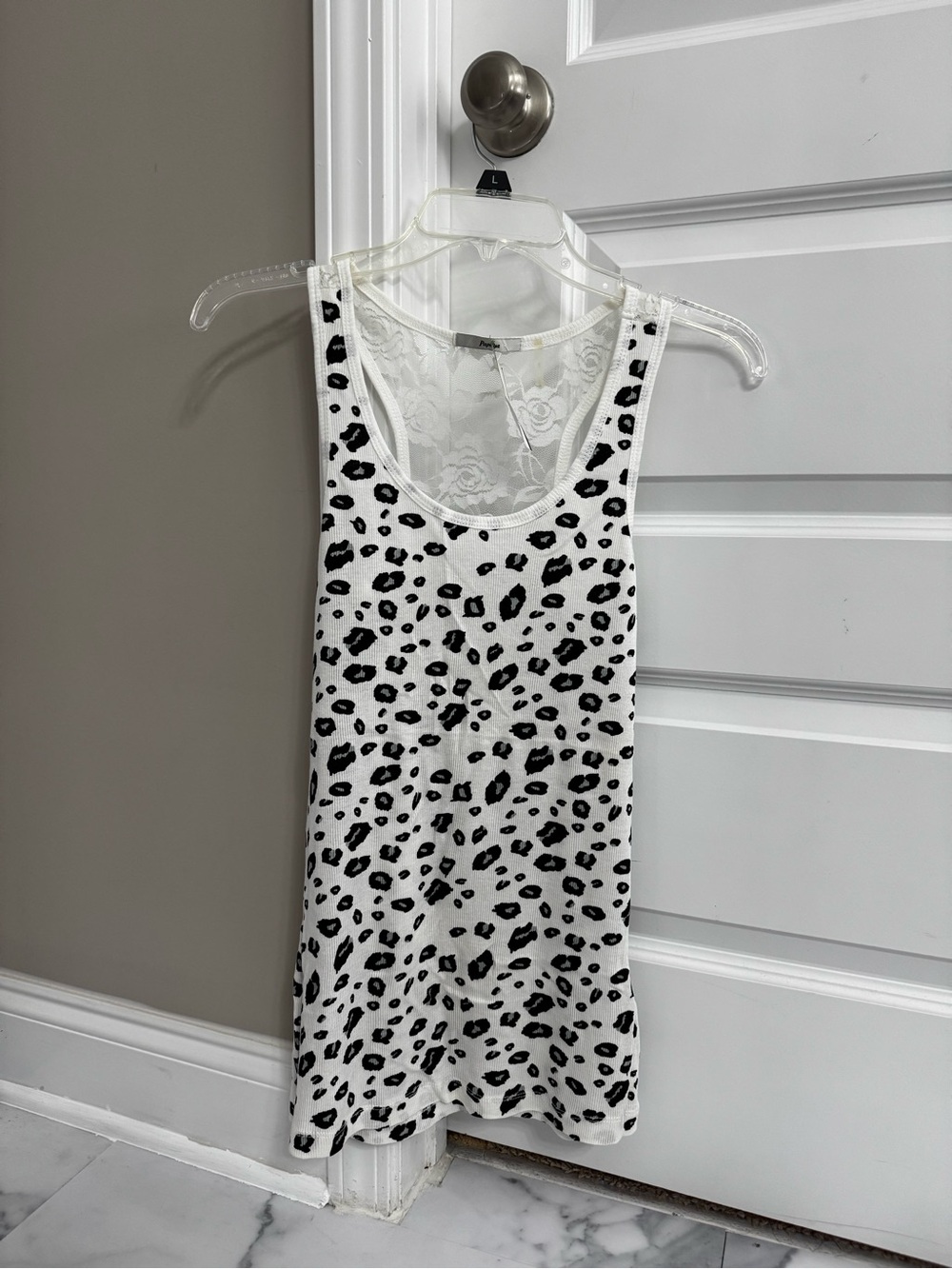 Women's White and Black Leopard Print Lace-Back Tank Top